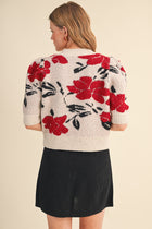 Floral Knit Short Puff Sleeve Cardigan