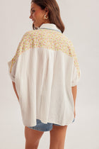 Mixed Embroidery Textured Short Sleeve Button Down Top
