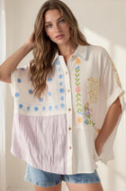 Mixed Embroidery Textured Short Sleeve Button Down Top