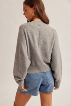Lace Textured Sleeve Henley Knit Sweater - Grey