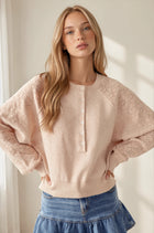 Lace Textured Sleeve Henley Knit Sweater - Blush