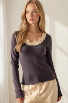 Lace Detail Scoop Neck Long Sleeve Top - Ash