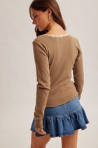 Lace Detail Scoop Neck Long Sleeve Top - Dusty Olive