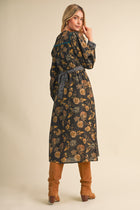 Floral Print Contrast Velvet Trim Midi Dress