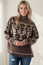 Retro Floral Print Roll Neck Sweater