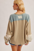 Waffle Knit Mix Print Long Sleeve Henley Top