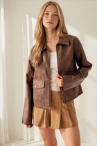 Faux Leather Zip Front Utility Jacket - Brown