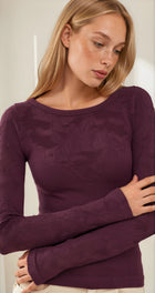 Floral Lace Yoke Ribbed Top - Raisin