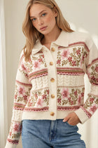 Vintage Floral Jacquard Polo Cardigan