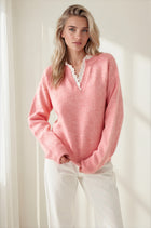 Scallop Lace Trim V Neck Sweater