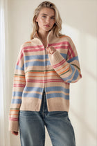 Striped Mock Neck Zip Up Cardigan