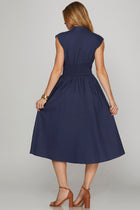 Smocked Waist Zipper Front Midi Dress - Navy