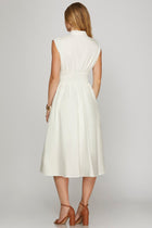 Smocked Waist Zipper Front Midi Dress - Off White