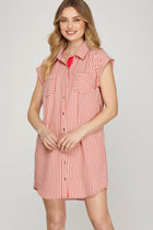 Striped Button Down Mini Dress - Red