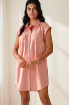 Striped Button Down Mini Dress - Red