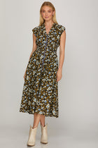 Floral Print Smocked Waist Zip Front Midi Dress