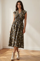 Floral Print Smocked Waist Zip Front Midi Dress
