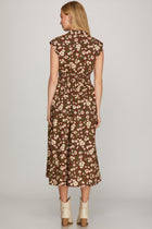 Floral Print Smocked Waist Zip Front Midi Dress - Wine