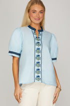 Floral Ruffle Neck Puff Sleeve Blouse