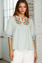 Floral Embroidered Stripe 1/2 Sleeve Top