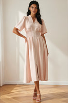 Striped Puff Sleeve Zip Front Midi Dress