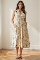 Abstract Floral Zip Front Midi Dress - Cream