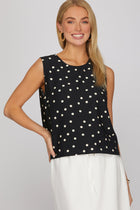 Sleeveless Woven Polka Dot Top - Black