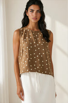 Sleeveless Woven Polka Dot Top - Brown