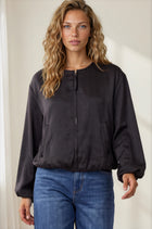 Satin Bubble Hem Zip Front Jacket - Black