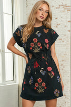 Floral Embroidery Mini Dress W Waist Tie - Black