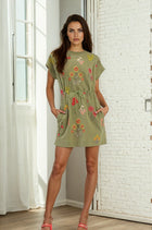 Floral Embroidery Mini Dress W Waist Tie