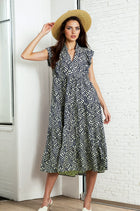 Leaf Print Tiered Midi Dress - Navy