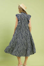 Leaf Print Tiered Midi Dress - Navy