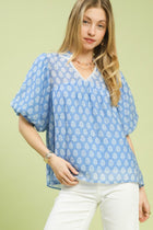 Lace Trim V-Neck Puff Sleeve Blouse