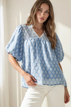 Lace Trim V-Neck Puff Sleeve Blouse