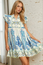 Mix Print Ruffle Sleeve Boho Print Dress