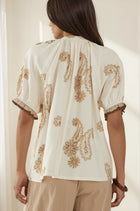 Paisley Embroidered Short Puff Sleeve Top