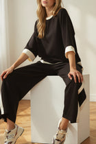 Luxe Knit Side Stripe Wide Leg Pants - Black