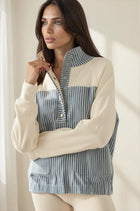 Striped Denim Contrast Button Front Pullover