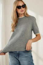Scalloped Trim Puff Short Sleeve Sweater - Heather Grey