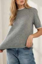 Scalloped Trim Puff Short Sleeve Sweater - Heather Grey