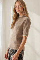 Scalloped Trim Puff Short Sleeve Sweater - Latte