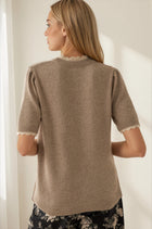 Scalloped Trim Puff Short Sleeve Sweater - Latte