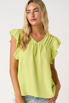 Pleated Ruffle Cap Sleeve Top - Lime