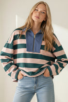 Striped Quarter Zip Contrast Collar Sweatshirt