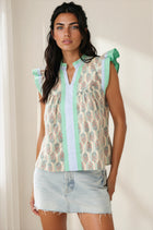 Contrast Stripe Floral Ruffle Sleeve Top