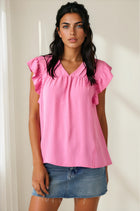Pleated Ruffle Cap Sleeve Top