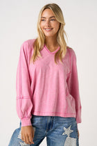 Mineral Wash Exposed Seam Long Sleeve Top - Bubble Pink
