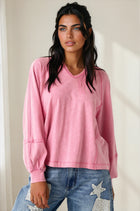 Mineral Wash Exposed Seam Long Sleeve Top - Bubble Pink