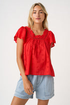 Floral Eyelet Flutter Sleeve Blouse - Red